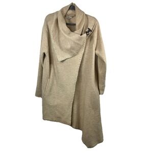 Garnet‎ Hill Boiled Wool Wrap Coat 14 Oatmeal Beige Blanket Stitch Asymmetrical